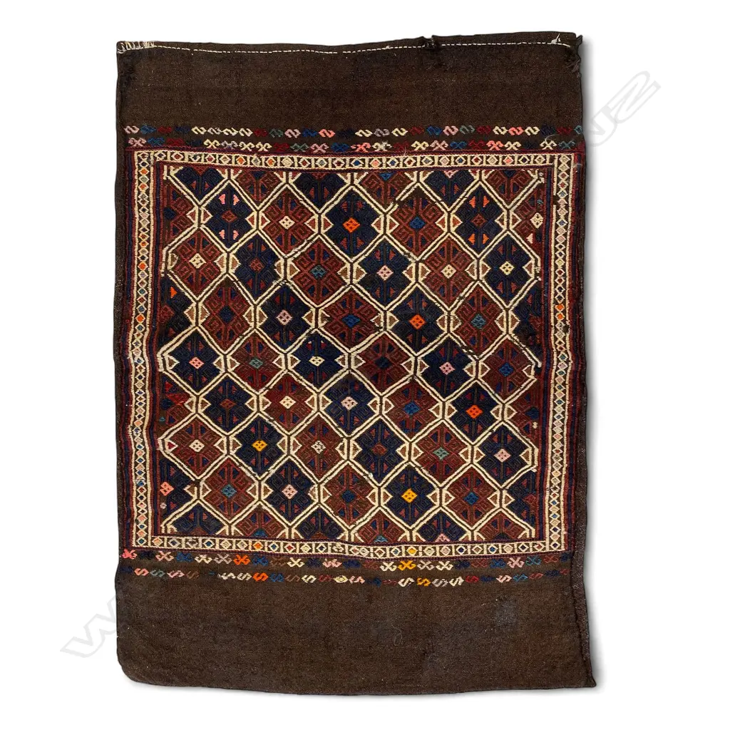Bag - goat/wool, - flatweave - Bagama - supplementary wool weft decoration white outlined square panel. 100 x 73cm Image 1++